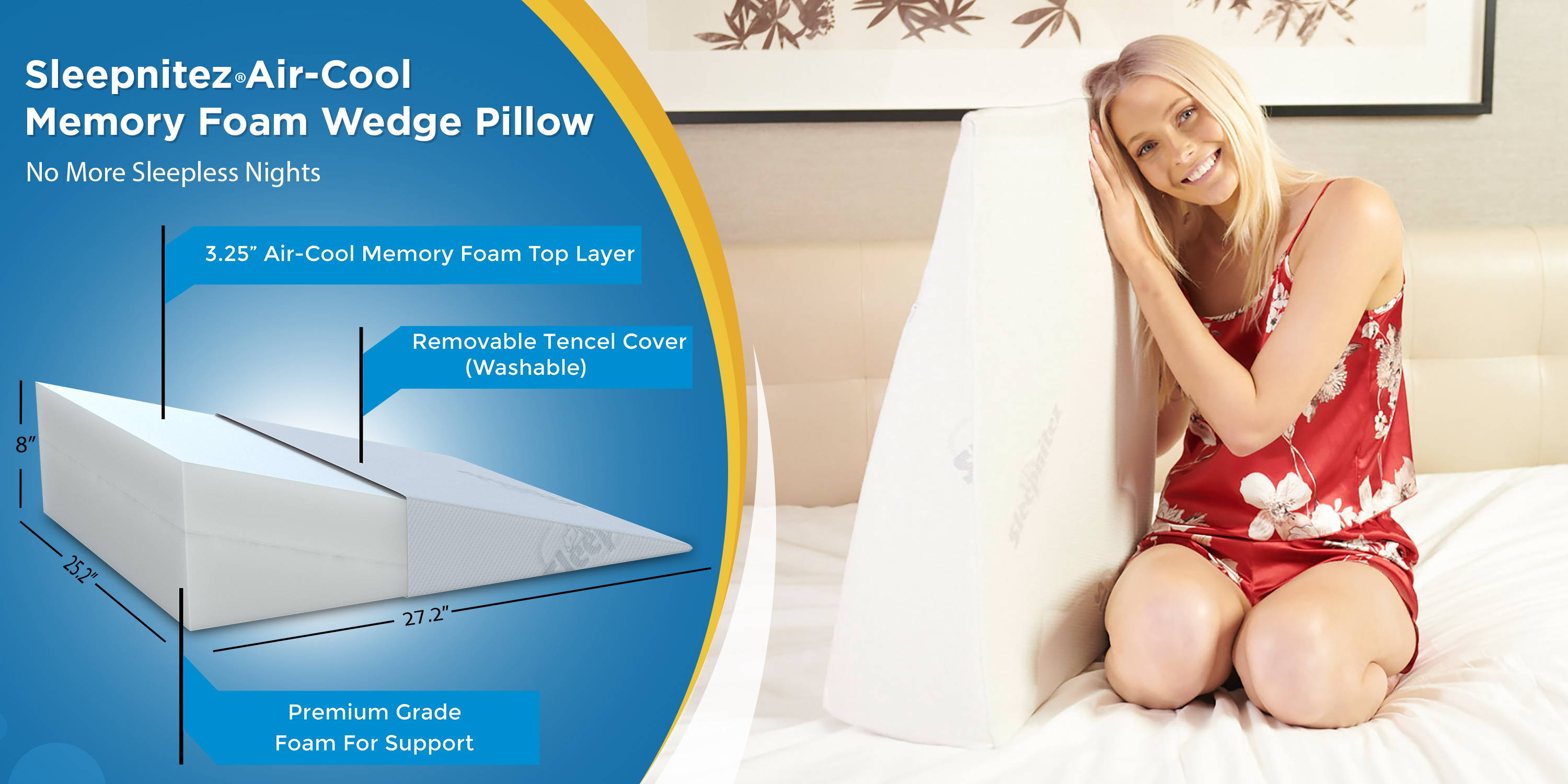 Sleepnitez 8″ Wedge Pillow For Acid Reflux/GERD